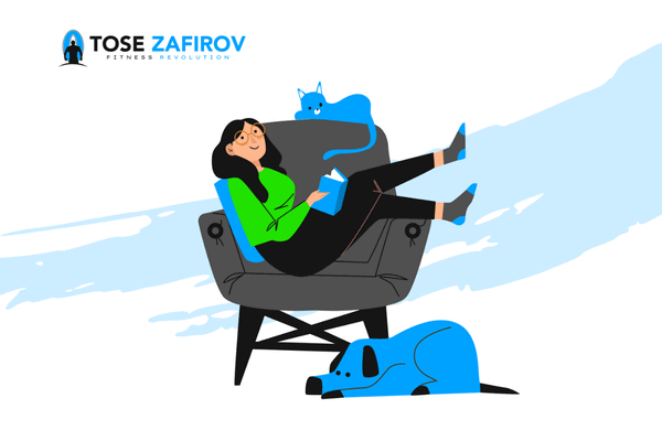 An illustration of a girl on her rest day, sitting in her chair with her dog.